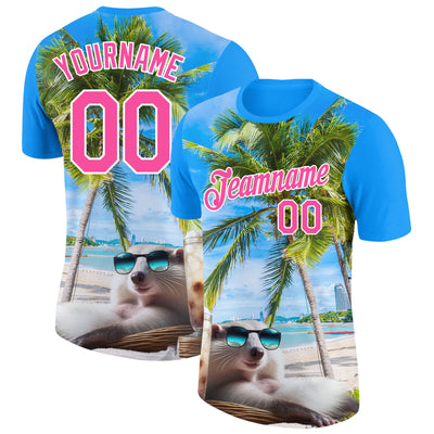 Custom Powder Blue Pink-White 3D Pattern Design Hawaii Palm Trees On Summer Beach Performance T-Shirt