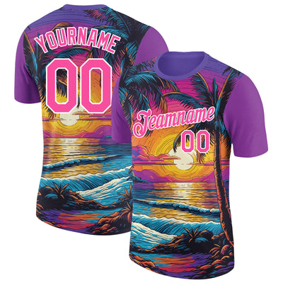 Custom Purple Pink-White 3D Pattern Design Hawaii Palm Trees On Beach Performance T-Shirt