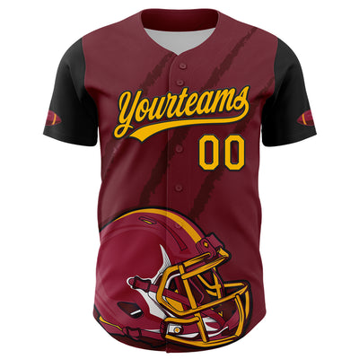 Custom Crimson Gold-Black 3D Pattern Design Football Helmet And Animal Claw Authentic Baseball Jersey