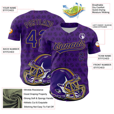 Custom Purple Dark Purple-Old Gold 3D Pattern Design Football Helmet And Ball Authentic Baseball Jersey