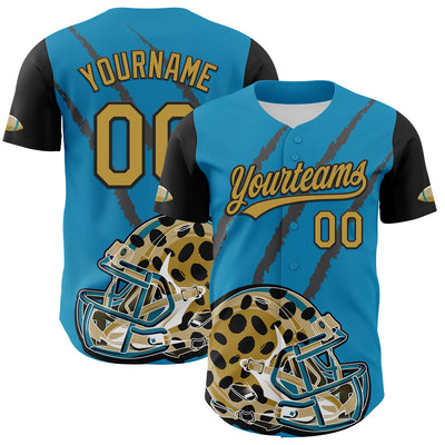 Custom Panther Blue Old Gold-Black 3D Pattern Design Football Jaguar Helmet And Animal Claw Authentic Baseball Jersey