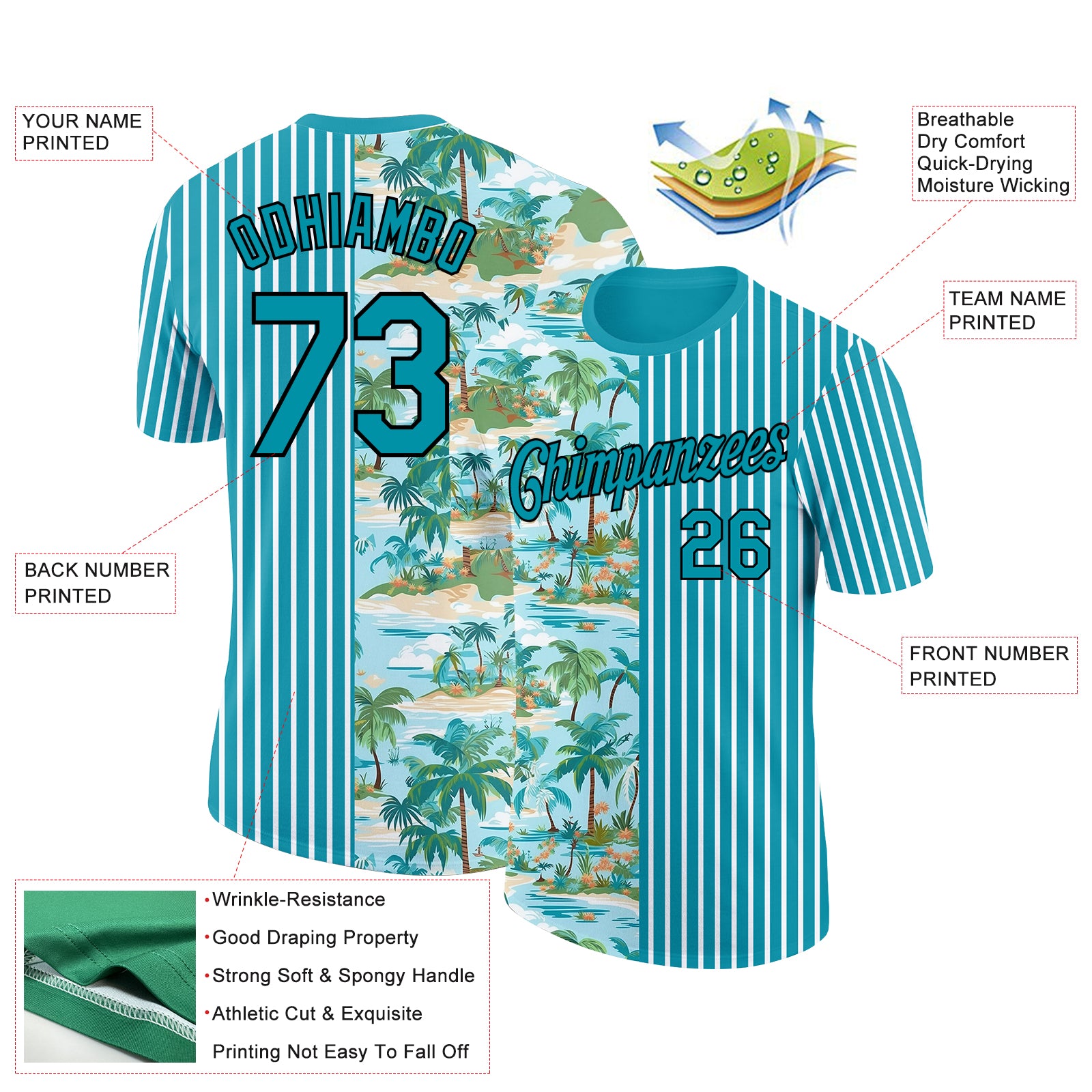 Custom Teal Black-White 3D Tropical Hawaii Beach And Palm Trees Performance T-Shirt