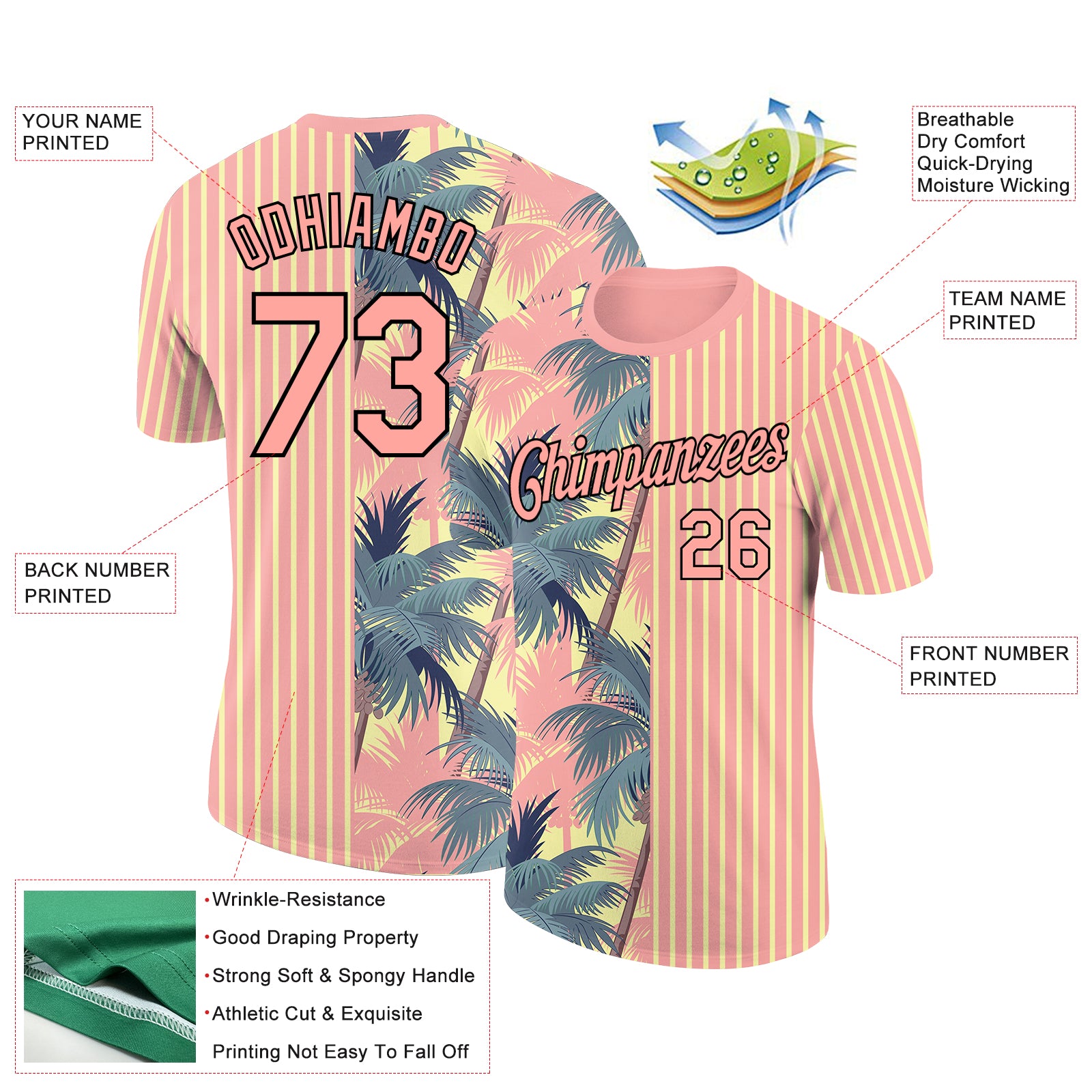 Custom Medium Pink Light Yellow-Black 3D Tropical Hawaii Trees Performance T-Shirt