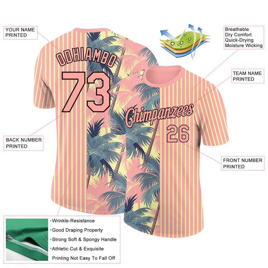 Custom Medium Pink Light Yellow-Black 3D Tropical Hawaii Trees Performance T-Shirt