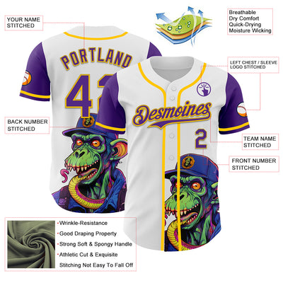 Custom White Purple-Yellow 3D Pattern Design Rave Monster Authentic Baseball Jersey