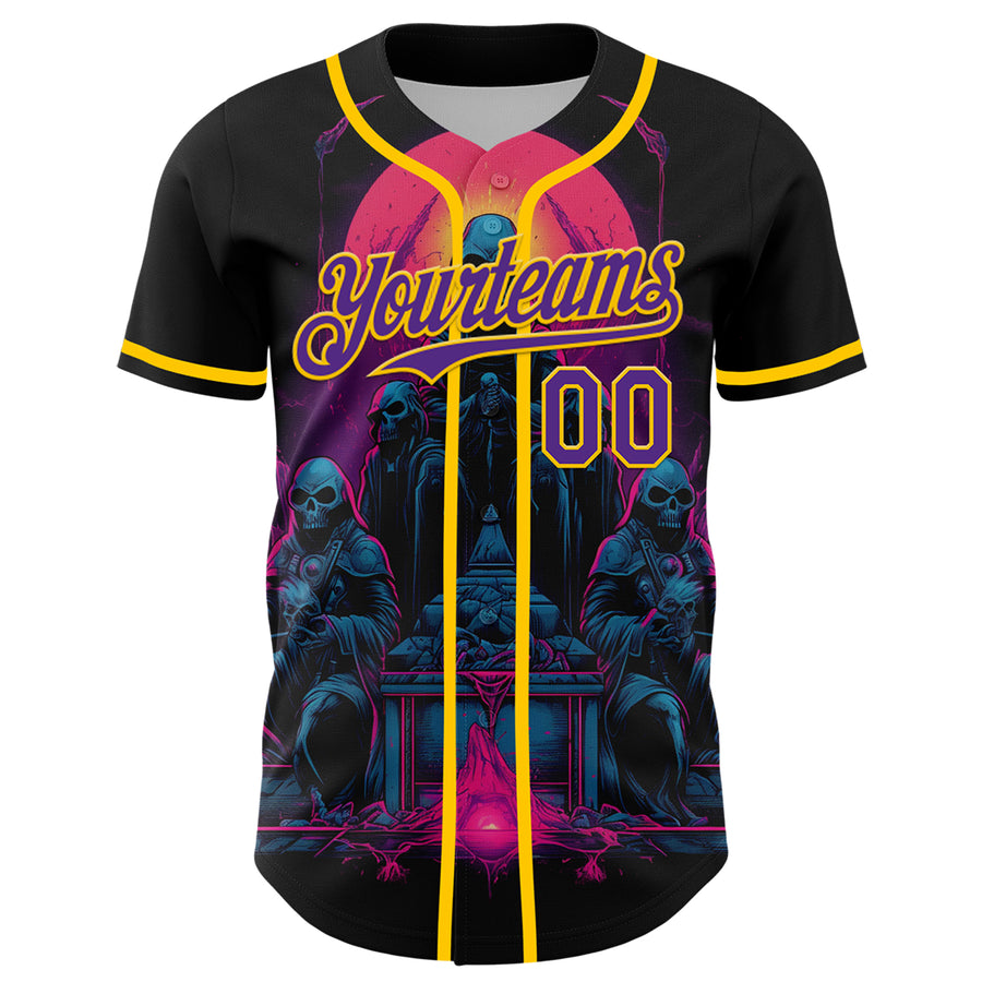 Custom Black Purple-Yellow 3D Pattern Design Rave Skull Authentic Baseball Jersey