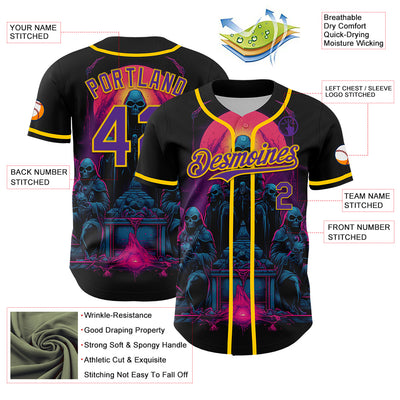 Custom Black Purple-Yellow 3D Pattern Design Rave Skull Authentic Baseball Jersey