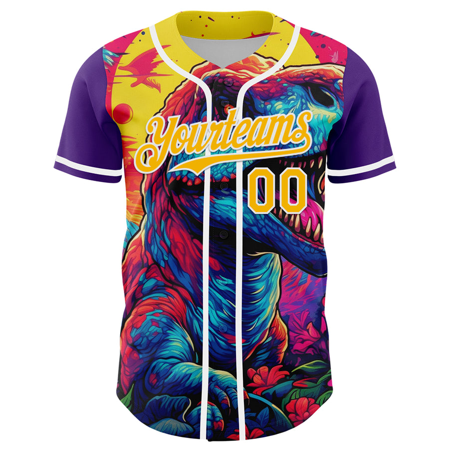 Custom Purple Gold-White 3D Pattern Design Rave T Rex Authentic Baseball Jersey