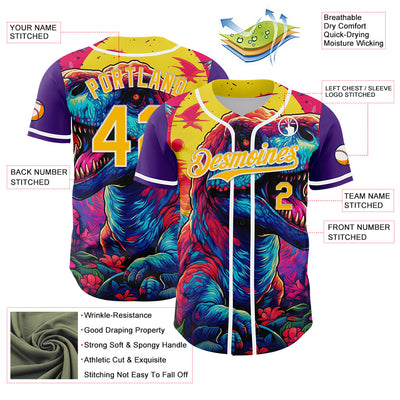 Custom Purple Gold-White 3D Pattern Design Rave T Rex Authentic Baseball Jersey