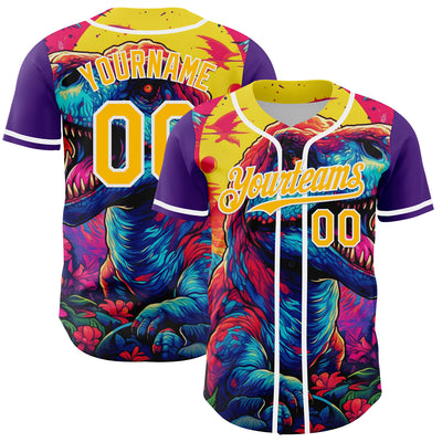 Custom Purple Gold-White 3D Pattern Design Rave T Rex Authentic Baseball Jersey