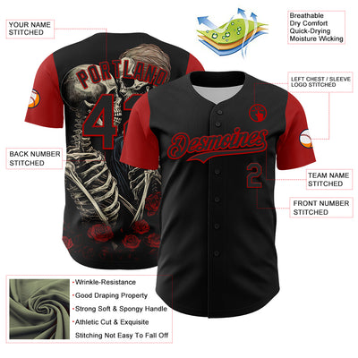 Custom Black Red 3D Pattern Design Rave Gothic Style Authentic Baseball Jersey