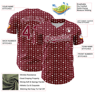 Custom Crimson White 3D Pattern Design Hearts Authentic Baseball Jersey