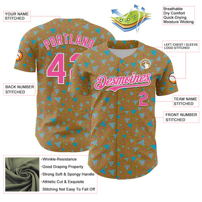 Custom Old Gold Pink-White 3D Pattern Design Geometric Shape Authentic Baseball Jersey