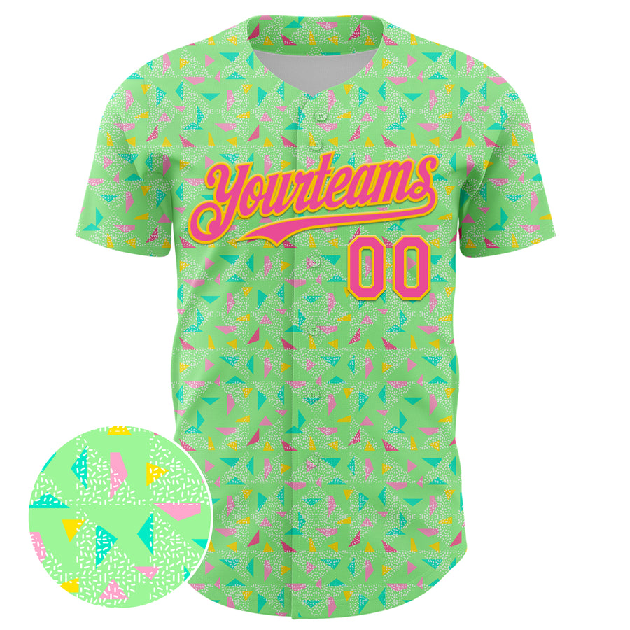 Custom Pea Green Pink-Yellow 3D Pattern Design Geometric Shape Authentic Baseball Jersey