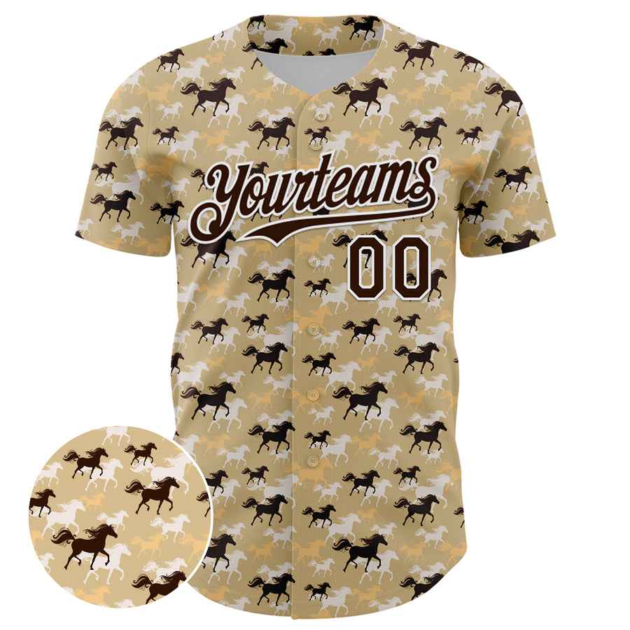 Custom Vegas Gold Brown-White 3D Pattern Design Animal Horse Authentic Baseball Jersey