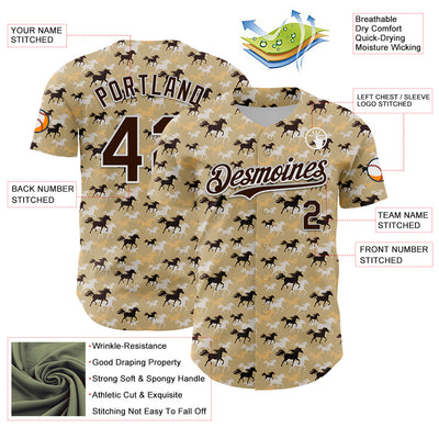 Custom Vegas Gold Brown-White 3D Pattern Design Animal Horse Authentic Baseball Jersey