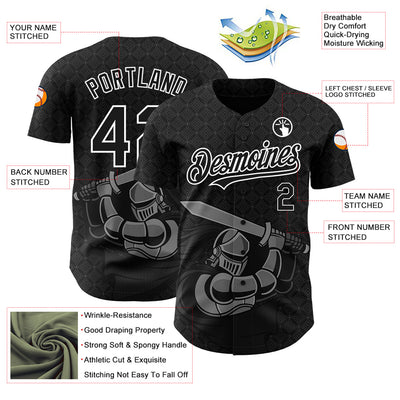 Custom Black White 3D Pattern Design Knight Hero Art Authentic Baseball Jersey