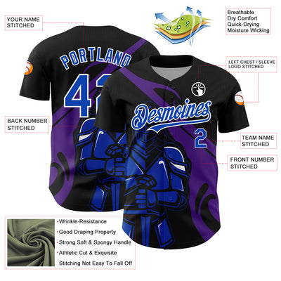 Custom Black Thunder Blue-Purple 3D Pattern Design Knight Hero Art Authentic Baseball Jersey