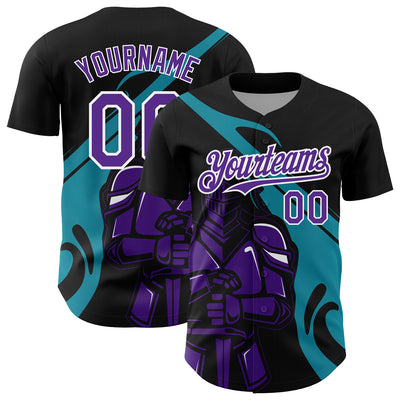 Custom Black Purple-Teal 3D Pattern Design Knight Hero Art Authentic Baseball Jersey