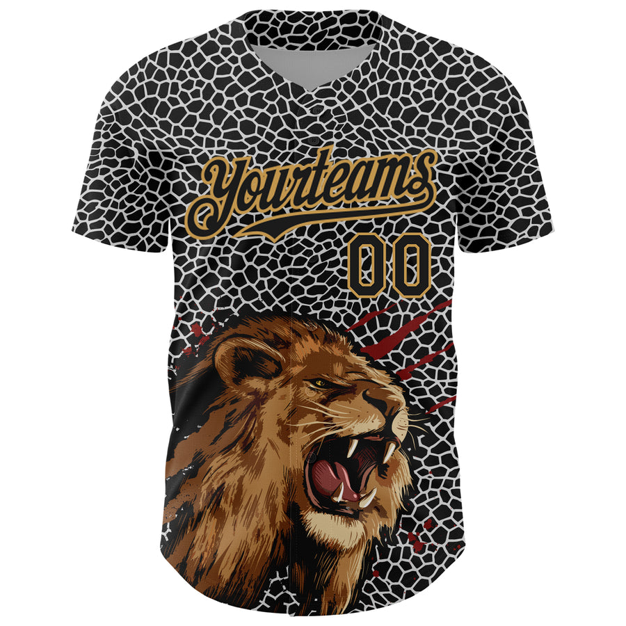 Custom Black Old Gold 3D Pattern Design Animal Lion Authentic Baseball Jersey