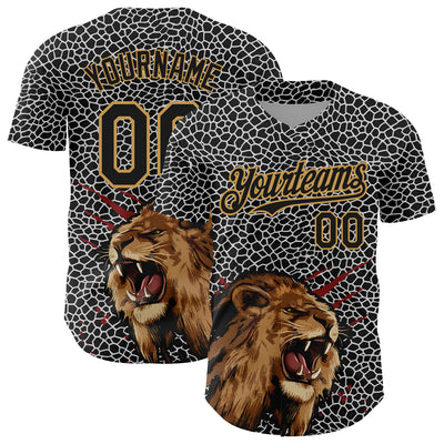 Custom Black Old Gold 3D Pattern Design Animal Lion Authentic Baseball Jersey