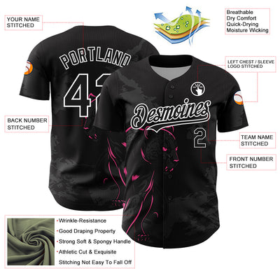 Custom Black Pink-White 3D Pattern Design Animal Panther Authentic Baseball Jersey