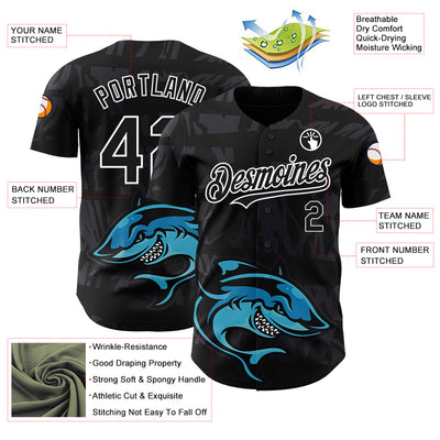 Custom Black White 3D Pattern Design Animal Shark Authentic Baseball Jersey