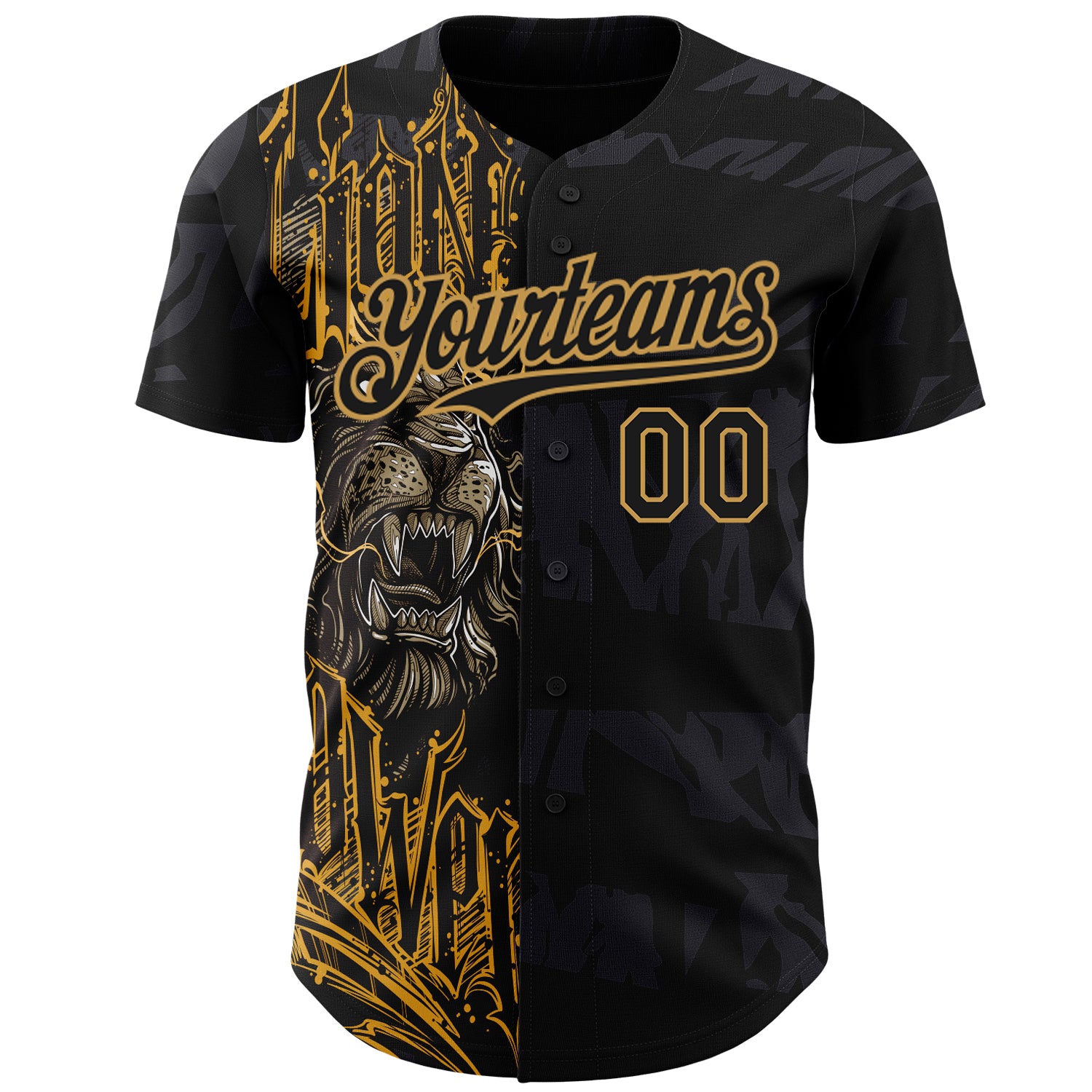 Custom Black Old Gold 3D Pattern Design Animal Lion Authentic Baseball Jersey