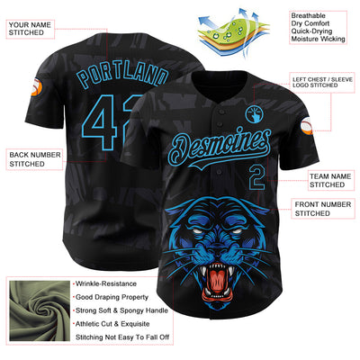 Custom Black Sky Blue 3D Pattern Design Animal Panther Authentic Baseball Jersey