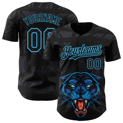 Custom Black Sky Blue 3D Pattern Design Animal Panther Authentic Baseball Jersey