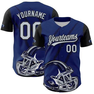 Custom US Navy Blue Silver-Black 3D Pattern Design Football Helmet And Animal Claw Authentic Baseball Jersey