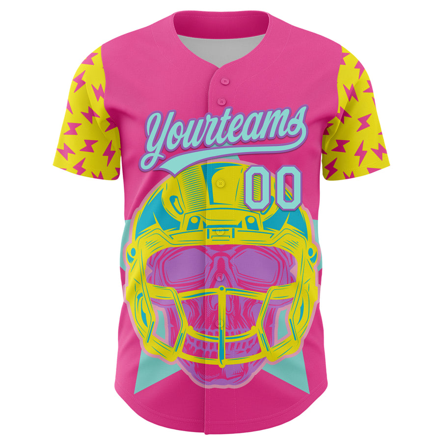 Custom Pink Ice Blue Medium Purple-Light Yellow 3D Pattern Design Football Skull Helmet Authentic Baseball Jersey