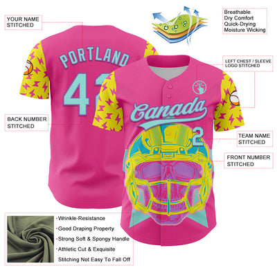 Custom Pink Ice Blue Medium Purple-Light Yellow 3D Pattern Design Football Skull Helmet Authentic Baseball Jersey