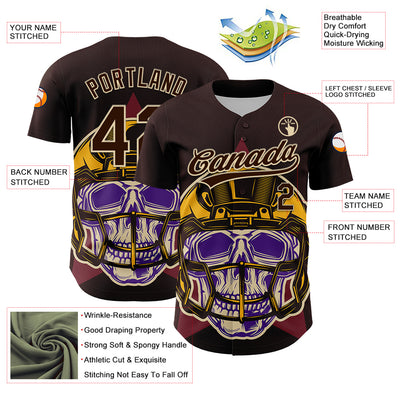 Custom Brown Cream 3D Pattern Design Football Skull Helmet Authentic Baseball Jersey