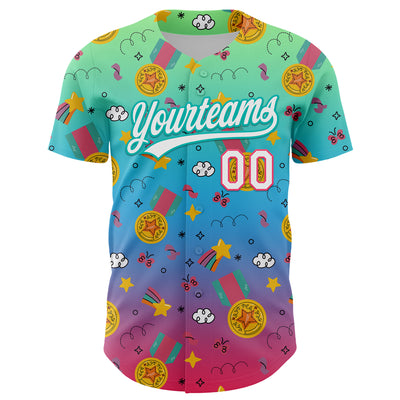 Custom Pea Green Neon Pink Aqua-Sky Blue 3D Pattern Design Champion Medal Authentic Baseball Jersey