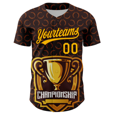 Custom Brown Gold 3D Pattern Design Champion Trophy Authentic Baseball Jersey