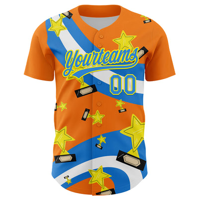 Custom Bay Orange Electric Blue-Light Yellow 3D Pattern Design Champion Trophy Authentic Baseball Jersey