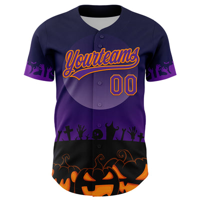 Custom Black Purple-Bay Orange 3D Pattern Halloween Skull Authentic Baseball Jersey