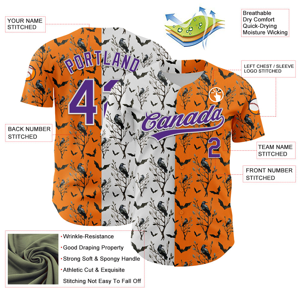 Custom Bay Orange Purple-White 3D Pattern Halloween Authentic Baseball Jersey