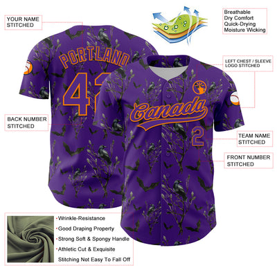 Custom Purple Bay Orange 3D Pattern Halloween Authentic Baseball Jersey