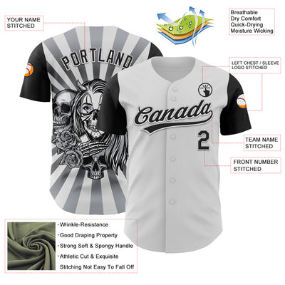 Custom White Black 3D Pattern Halloween Skull Authentic Baseball Jersey