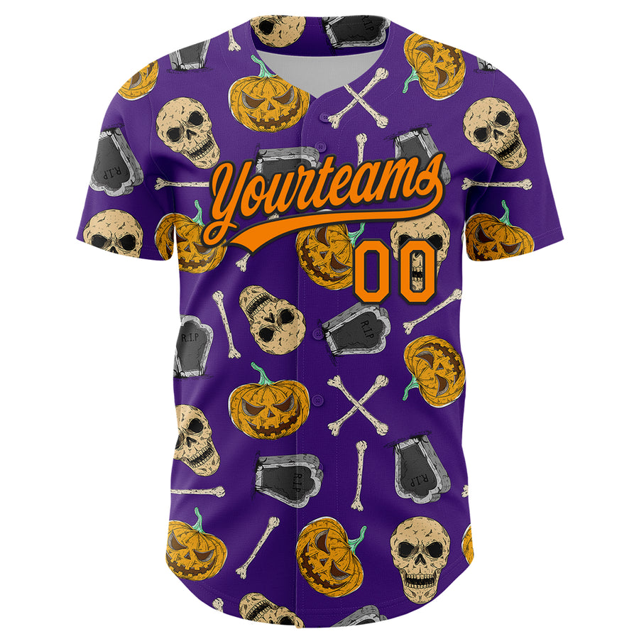 Custom Purple Bay Orange-Black 3D Pattern Halloween Skull Authentic Baseball Jersey