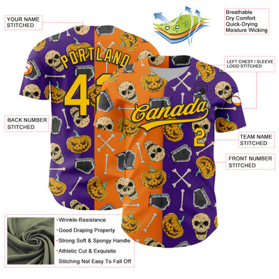 Custom Purple Yellow Bay Orange-Black 3D Pattern Halloween Skull Authentic Baseball Jersey