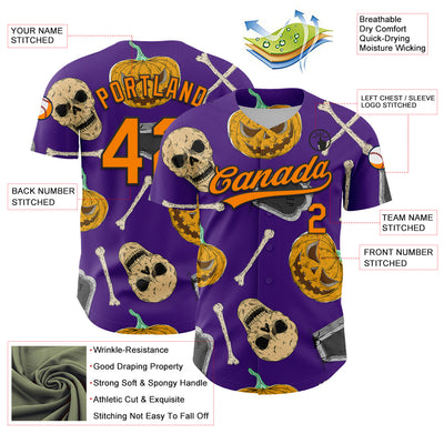 Custom Purple Bay Orange-Black 3D Pattern Halloween Skull Authentic Baseball Jersey