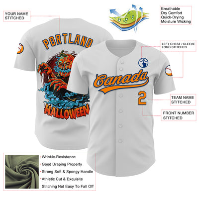 Custom White Bay Orange-US Navy Blue 3D Pattern Halloween Authentic Baseball Jersey