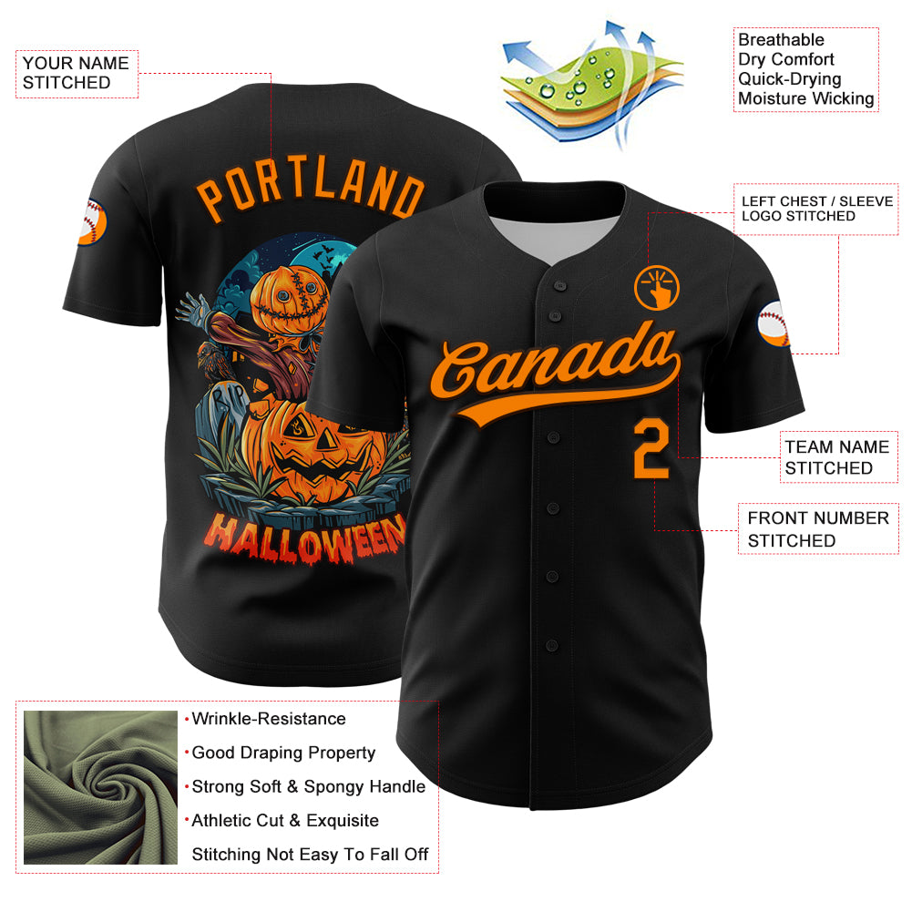 Custom Black Bay Orange-Brown 3D Pattern Halloween Authentic Baseball Jersey