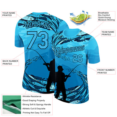 Custom Sky Blue Black 3D Pattern Design Fishing Performance T-Shirt