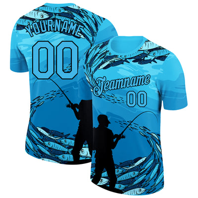 Custom Sky Blue Black 3D Pattern Design Fishing Performance T-Shirt