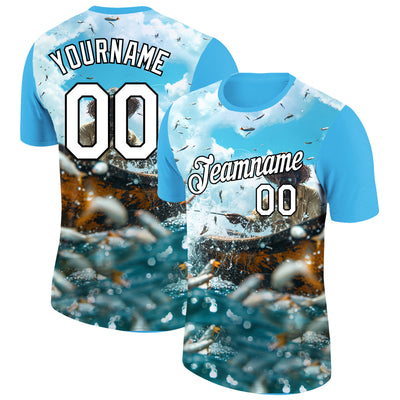 Custom Sky Blue White-Black 3D Pattern Design Fisherman Catching Fish Performance T-Shirt