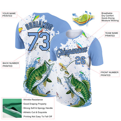 Custom White Light Blue-Black 3D Pattern Design Big Bass Fish Fishing Performance T-Shirt